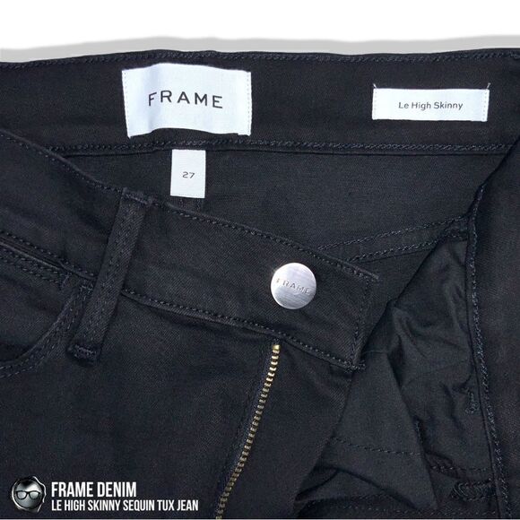 FRAME DENIM LE HIGH SKINNY SEQUIN TUX STRIPE JEAN NOIR BLACK WOMEN’S SIZE 27 NWT - Picture 12 of 16